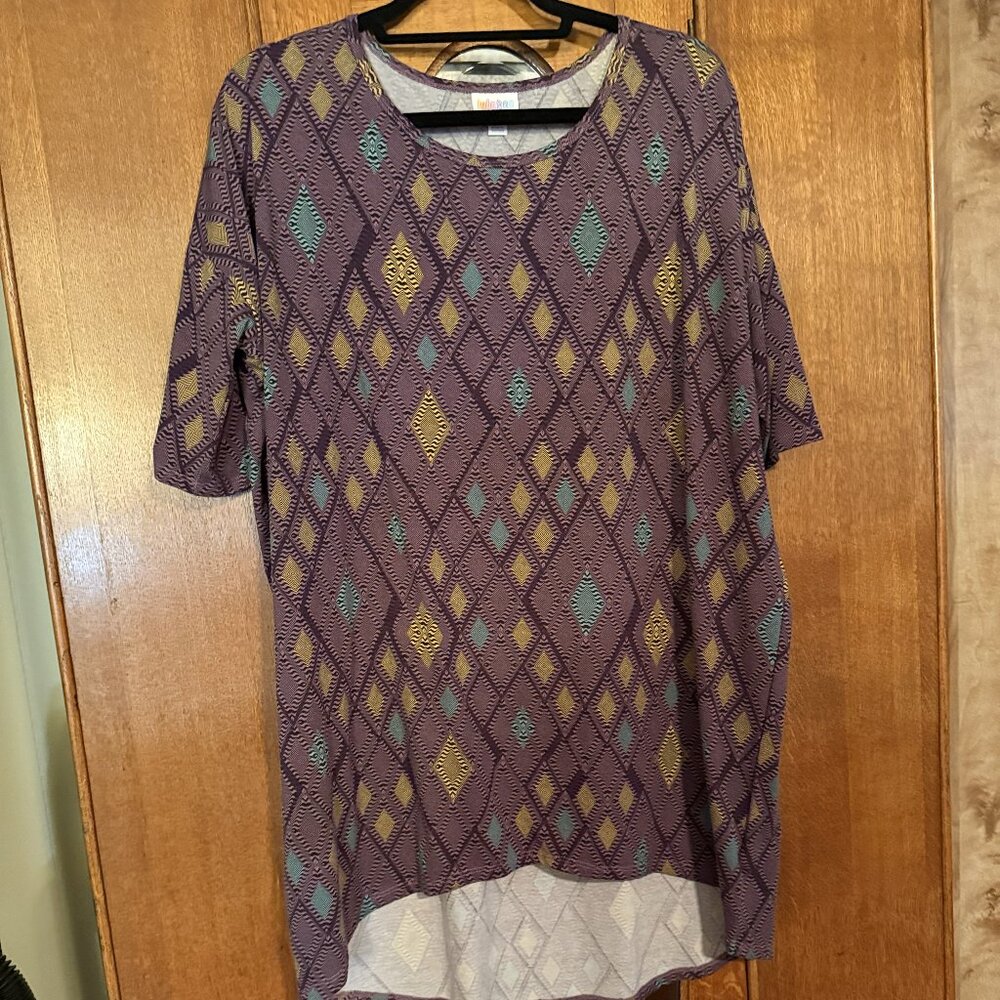LuLaRoe Irma, size Large, Diamond design with Purple, blue and yellow/tan design
